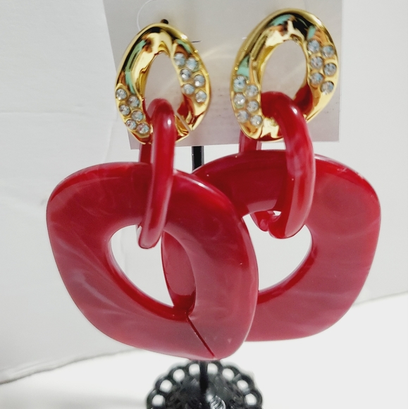 Acrylic and alloy studded crystal earrings, Durable earrings, dark red metal and - Picture 3 of 5
